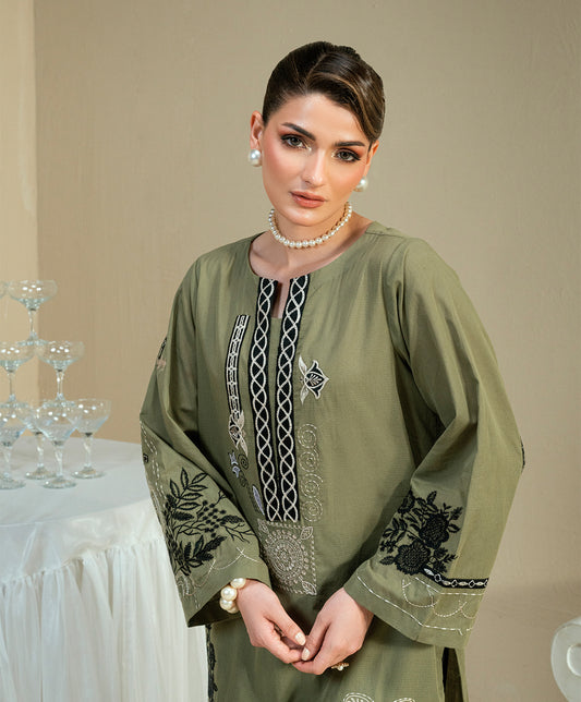 KEP-03 OLIVE-COTTON DOBBY STITCHED 2PC