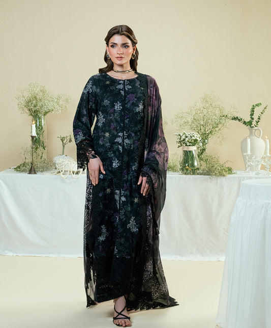KUNEP-3P-002 BLACK-LAWN UNSTITCHED 3PC