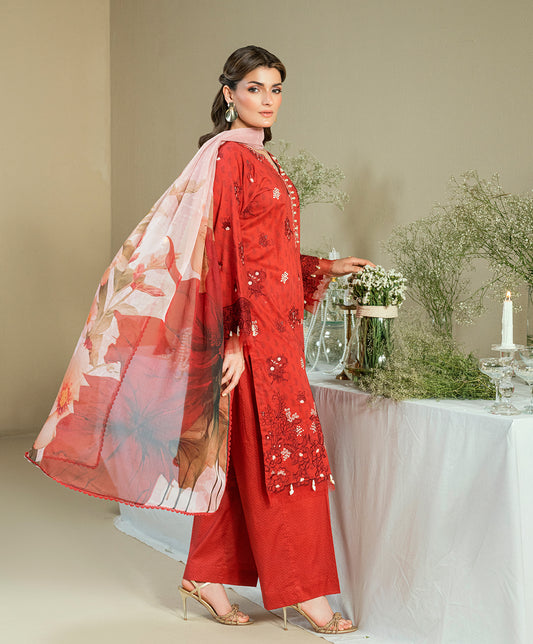 KUNEP3P001-RED-LAWN UNSTITCHED 3PC